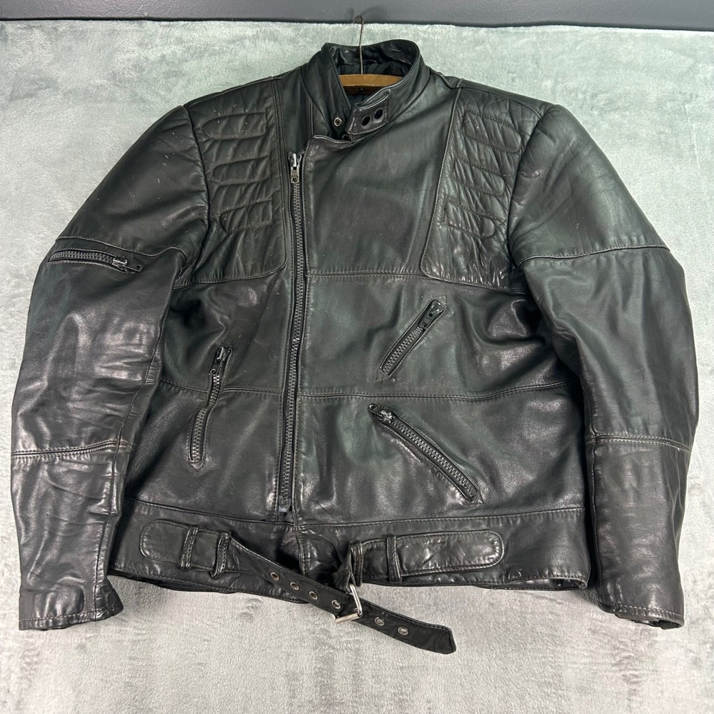 Vintage Black Leather Motorcycle Jacket Padded Cafe Racer Biker Belted Korea